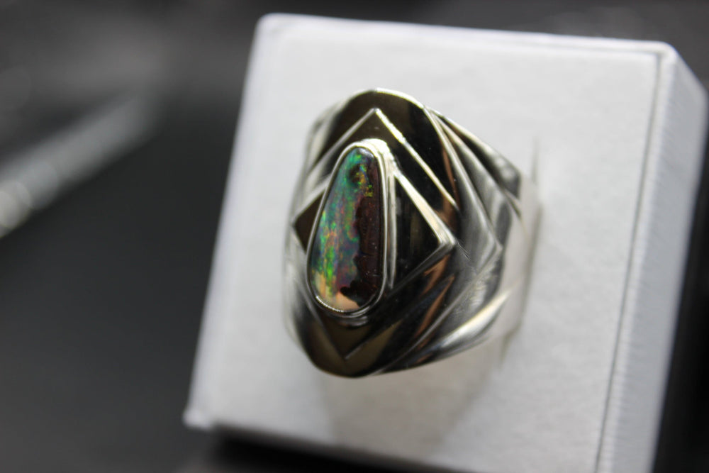 Australian Boulder Opal Men's Ring in Sterling Silver Setting Pendant Australian Opal House 