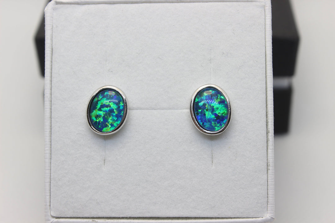 Australian Triplet Opal Earrings in Sterling Silver Setting Earrings Australian Opal House Green 6x8mm 