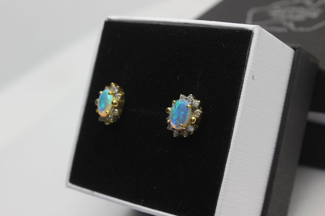 Australian Natural Solid Crystal Opal Earrings 18K Yellow Gold Earrings Australian Opal House 