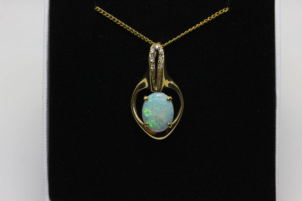 Australian Natural Crystal Opal Pendant in 18k Yellow Gold Setting with Diamonds Pendant Australian Opal House 