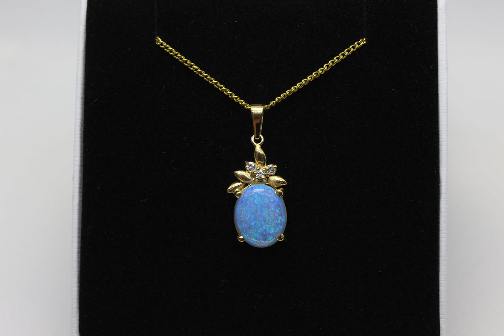 Australian Natural Solid Crystal Opal Pendant in 18k Yellow Gold Setting with 3 Diamonds Pendant Australian Opal House 