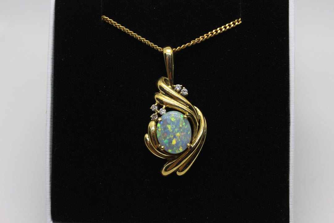 Australian Natural Solid Crystal Opal Pendant in 18k Yellow Gold Setting with Diamonds Pendant Australian Opal House 