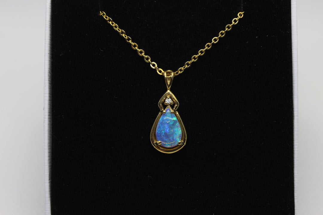 Australian Natural Solid Crystal Opal Pendant in 18k Yellow Gold Setting with Diamond Pendant Australian Opal House 