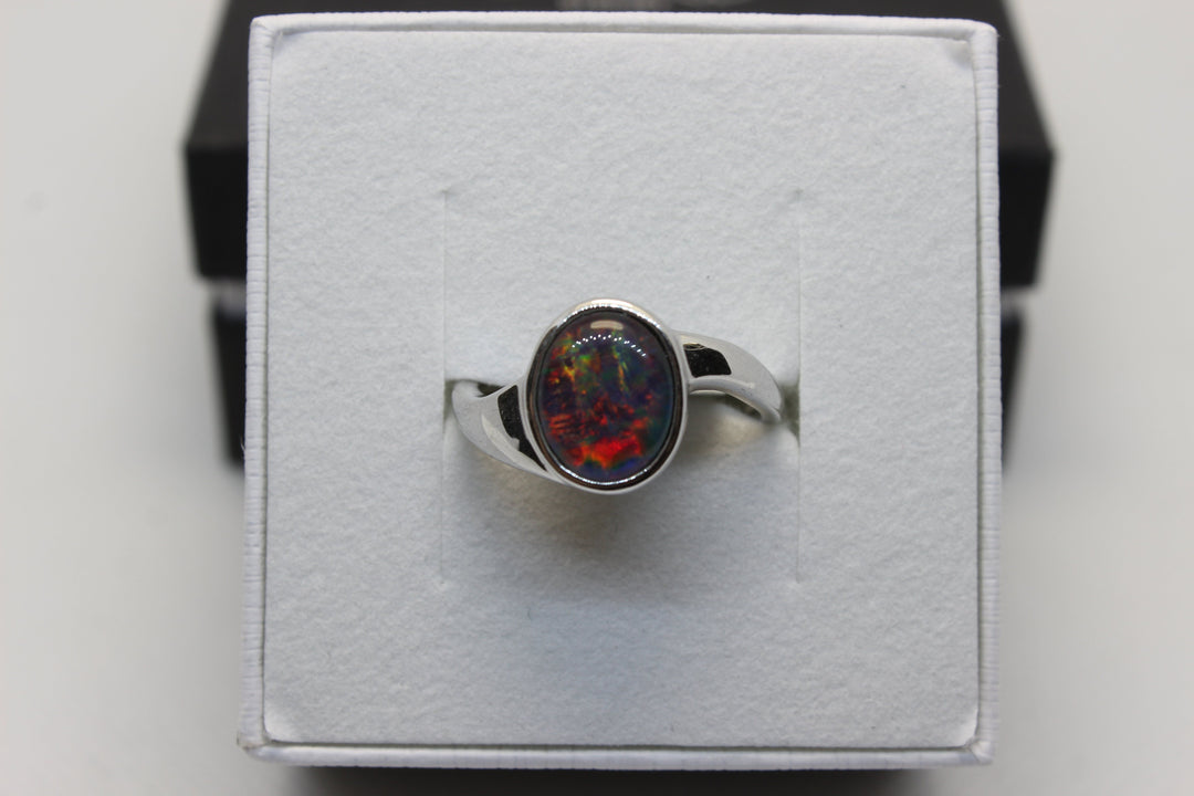 Australian Triplet Opal Ring in Sterling Silver Setting 8x10mm Curl Band Rings Australian Opal House L Red 