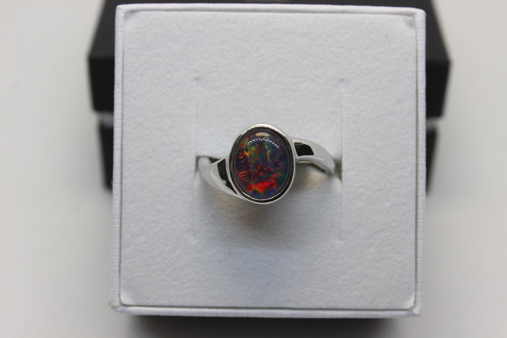 Australian Triplet Opal Ring in Sterling Silver Setting 8x10mm Curl Band Rings Australian Opal House 