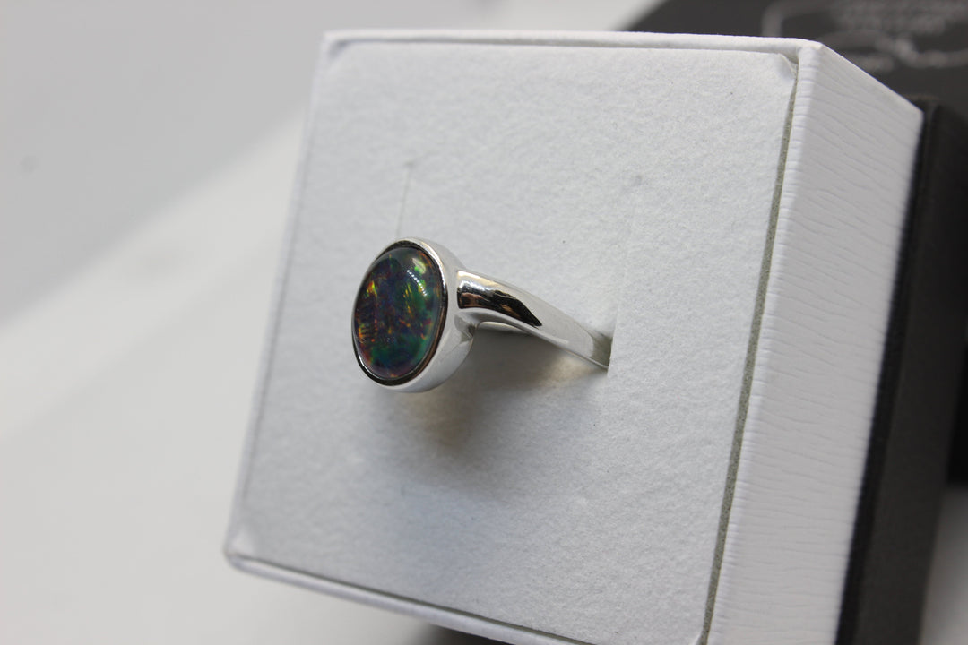 Australian Triplet Opal Ring in Sterling Silver Setting 8x10mm Curl Band Rings Australian Opal House 