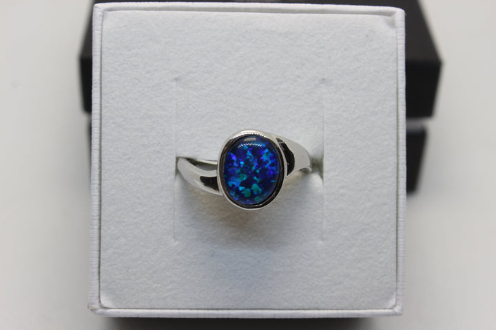 Australian Triplet Opal Ring in Sterling Silver Setting 8x10mm Curl Band Rings Australian Opal House L Blue 