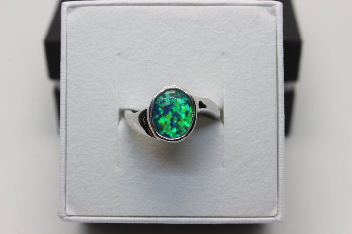Australian Triplet Opal Ring in Sterling Silver Setting 8x10mm Curl Band Rings Australian Opal House L Green 