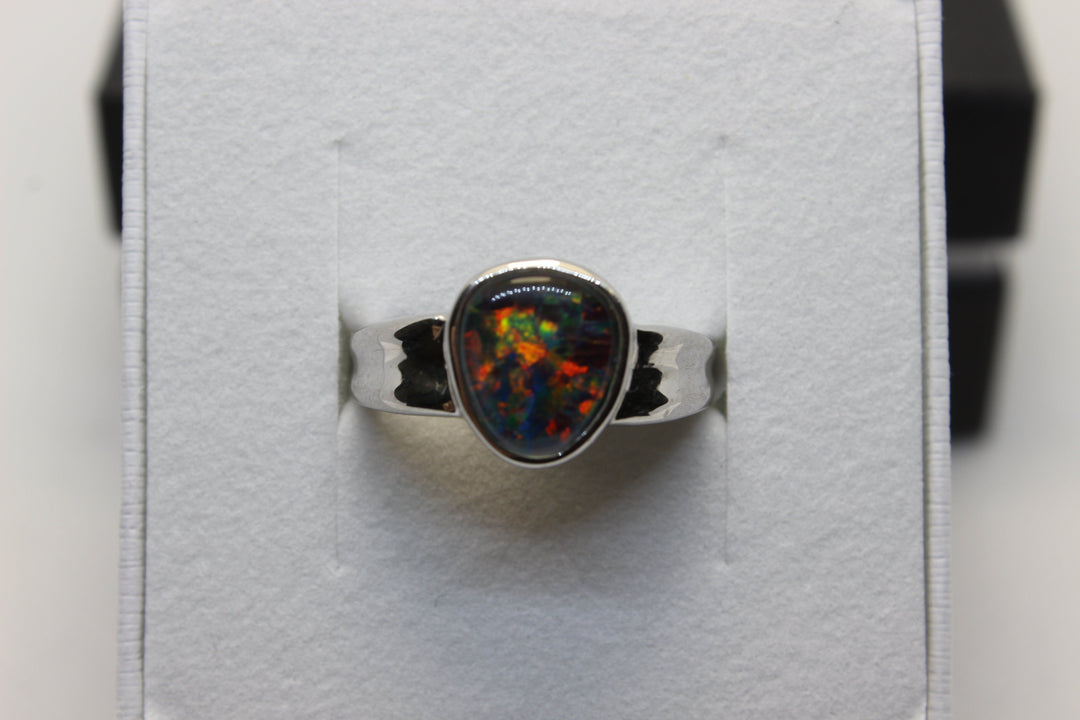 Australian Triplet Opal Ring in Sterling Silver Setting 8x10mm Dent Band Rings Australian Opal House L Red 
