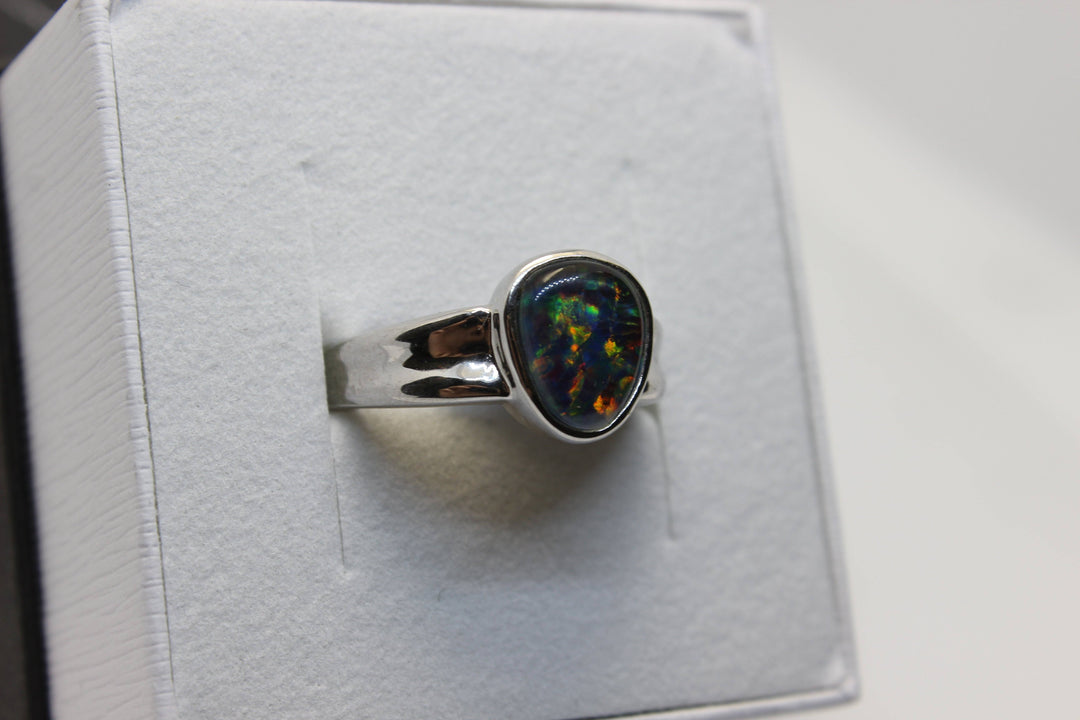 Australian Triplet Opal Ring in Sterling Silver Setting 8x10mm Dent Band Rings Australian Opal House 