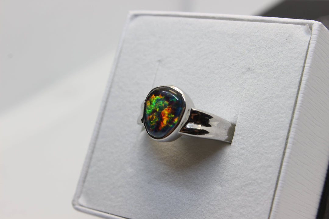 Australian Triplet Opal Ring in Sterling Silver Setting 8x10mm Dent Band Rings Australian Opal House 