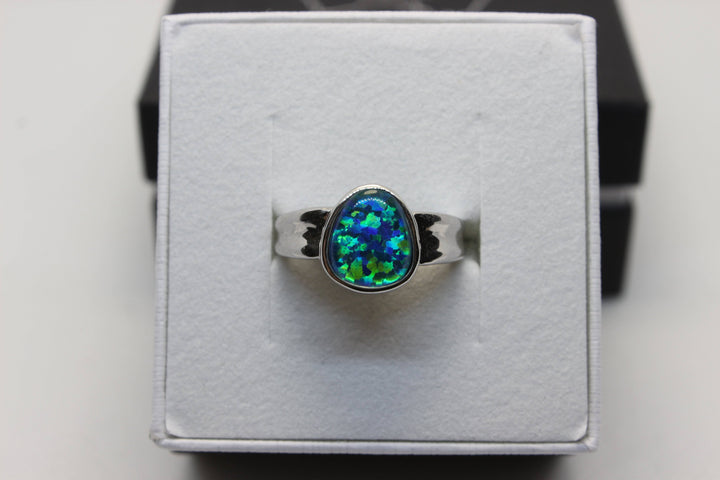 Australian Triplet Opal Ring in Sterling Silver Setting 8x10mm Dent Band Rings Australian Opal House L Green 