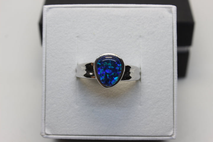 Australian Triplet Opal Ring in Sterling Silver Setting 8x10mm Dent Band Rings Australian Opal House L Blue 