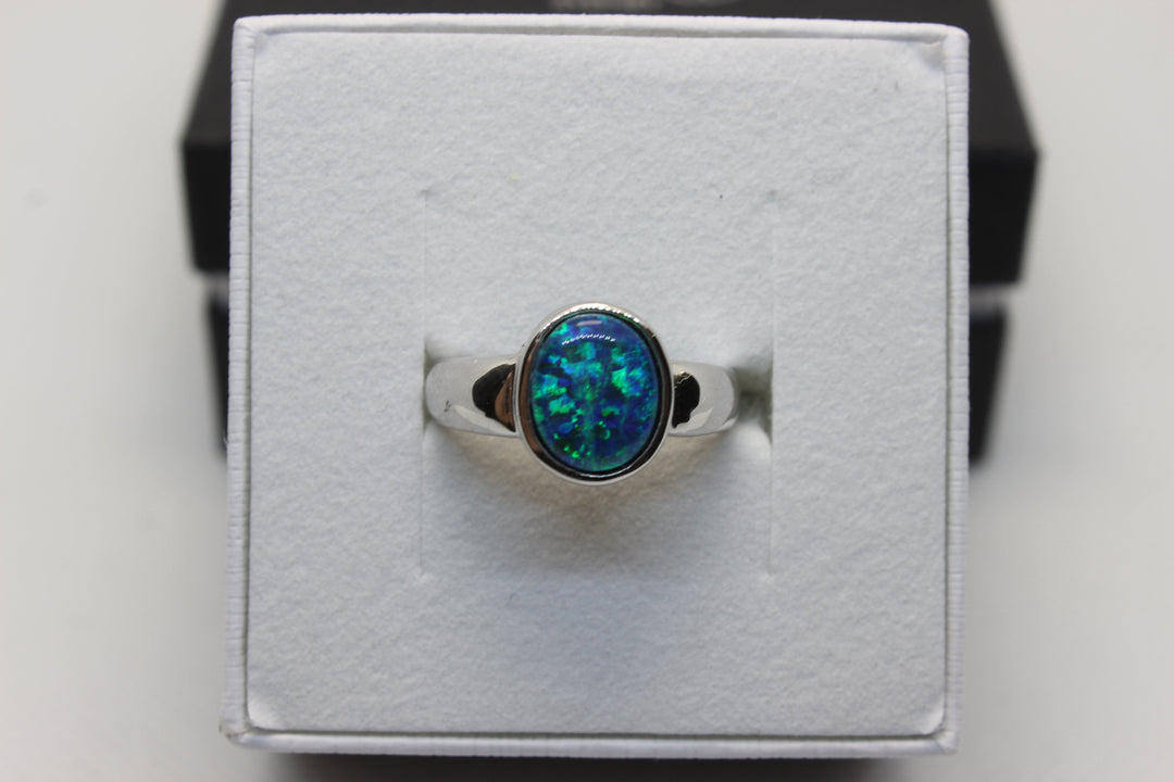 Australian Triplet Opal Ring in Sterling Silver Setting 8x10mm Solid Band Rings Australian Opal House L Green 