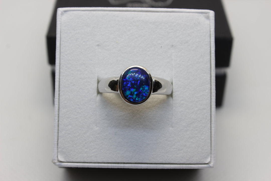 Australian Triplet Opal Ring in Sterling Silver Setting 8x10mm Solid Band Rings Australian Opal House L Blue 