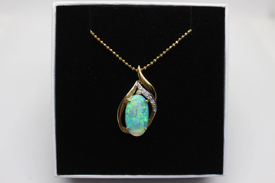 Australian Natural Crystal Opal Pendant in 18k Yellow Gold Setting with 7 Diamonds Pendant Australian Opal House 