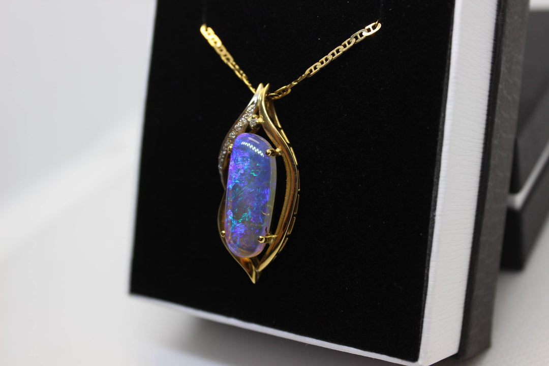 Australian Natural Crystal Opal Pendant in 18k Yellow Gold Setting with 10 Diamonds Pendant Australian Opal House 