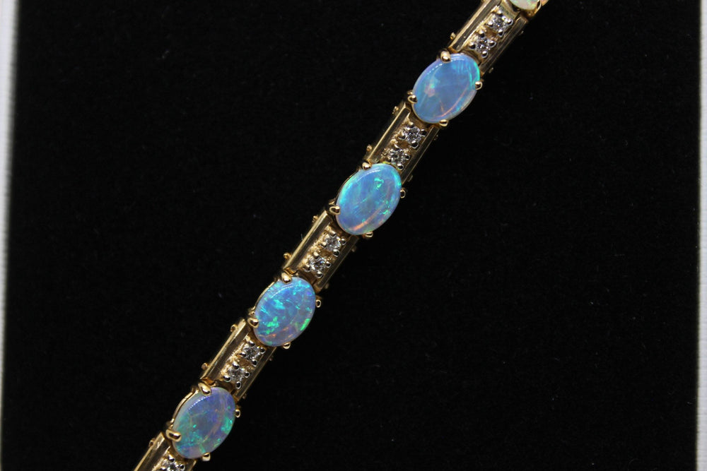 Australian Solid Opal Bracelet in 14k Yellow Gold Setting Pendant Australian Opal House Blue 