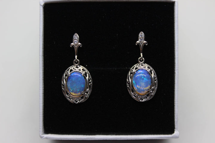 Australian Natural Solid Crystal Opal Hanging Earrings Sterling Silver Setting Earrings Australian Opal House Blue 