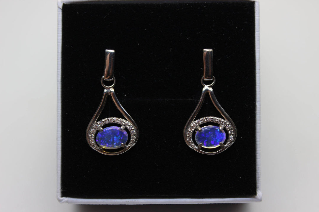 Australian Natural Solid Crystal Opal Hanging Sterling Silver Setting Earrings Australian Opal House Blue 