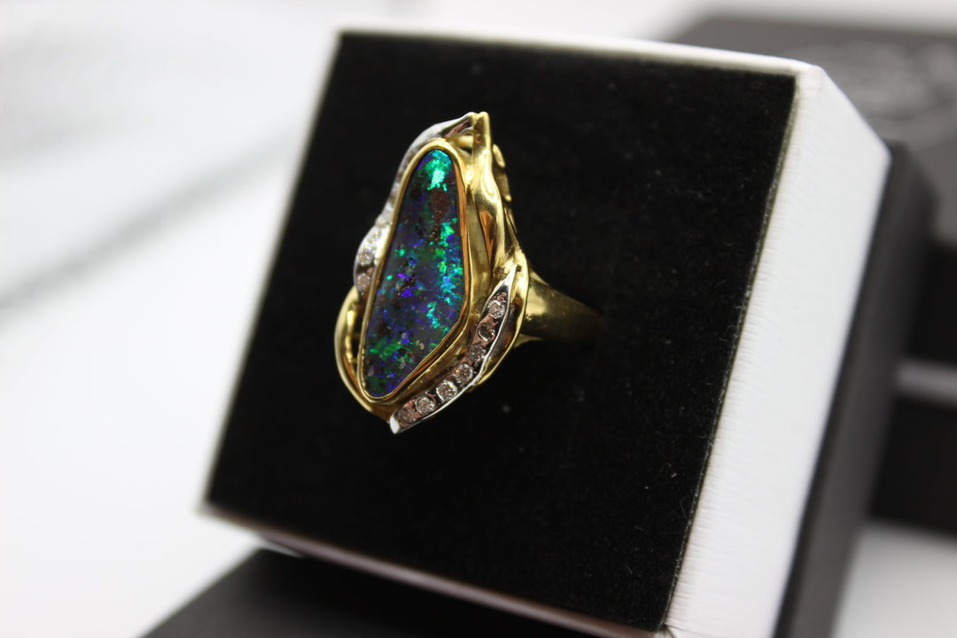 Australian Boulder Opal Ring in 18K Yellow/White Gold Rings Australian Opal House 
