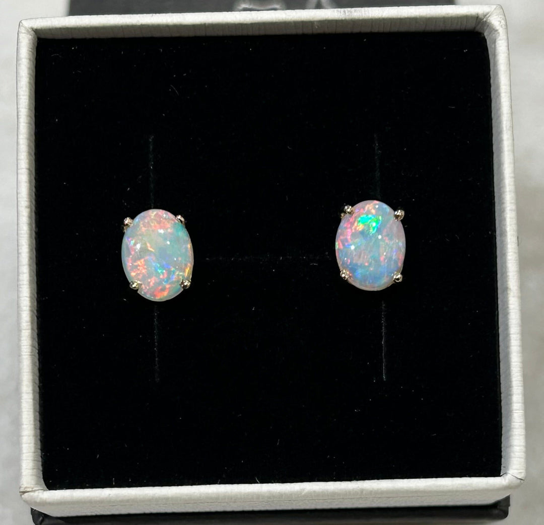 Australian Solid Crystal Opal Earrings 14k Yellow Gold 7x9mm - Francisca aopal 
