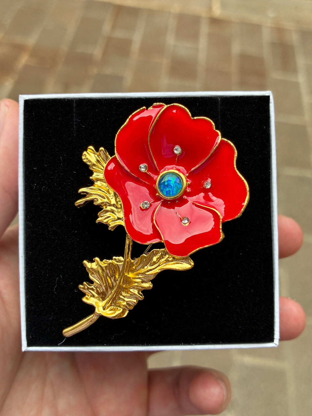 Limited Edition Remembrance Day Poppy Brooch with Triplet Opal in Gold Plated Setting aopal 6 