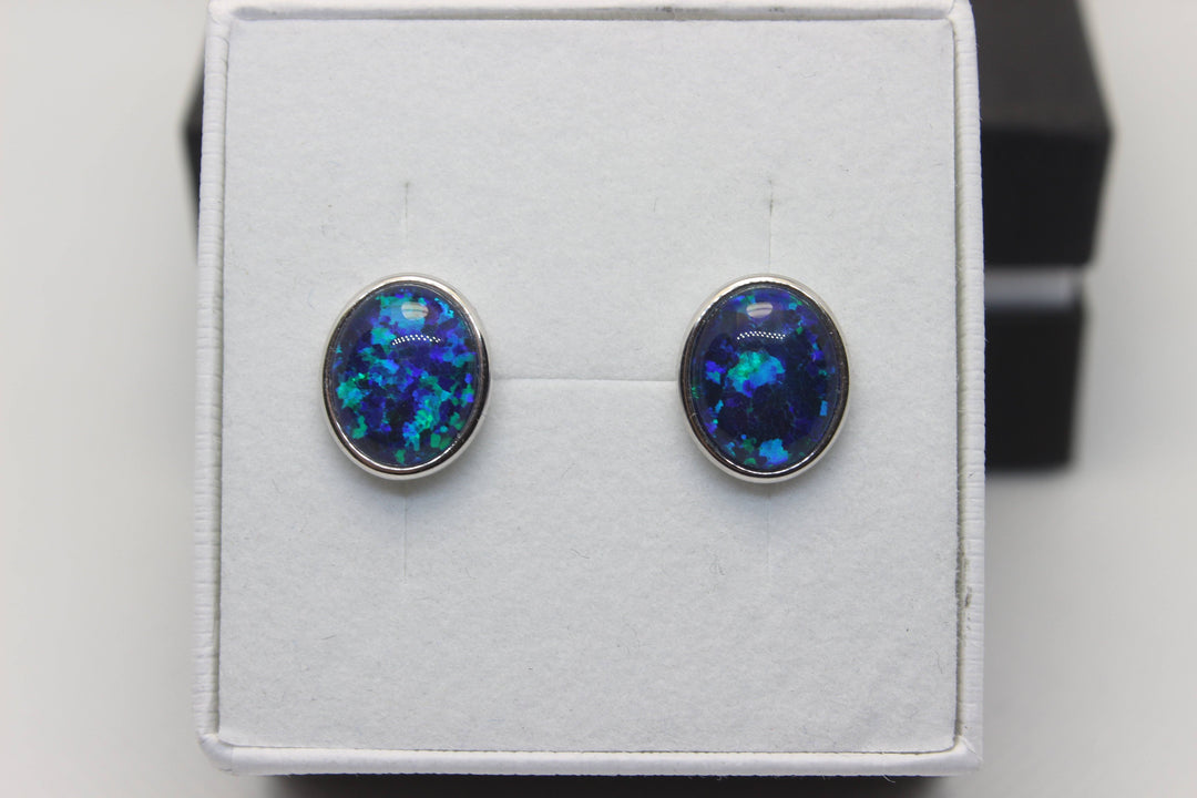 Australian Triplet Opal Earrings in Sterling Silver Setting Earrings Australian Opal House Blue 6x8mm 